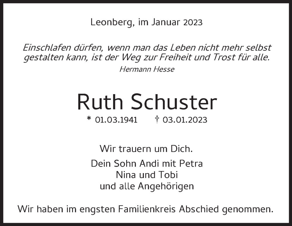  Traueranzeige für Ruth Schuster vom 12.01.2023 aus Leonberger Kreiszeitung / Strohgäu Extra