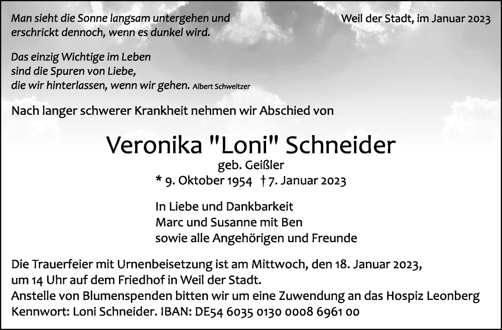  Traueranzeige für Veronika Schneider vom 13.01.2023 aus Leonberger Kreiszeitung / Strohgäu Extra