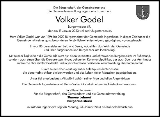 Traueranzeige von Volker Godel von Leonberger Kreiszeitung / Strohgäu Extra