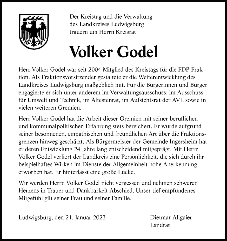  Traueranzeige für Volker Godel vom 21.01.2023 aus Leonberger Kreiszeitung / Strohgäu Extra