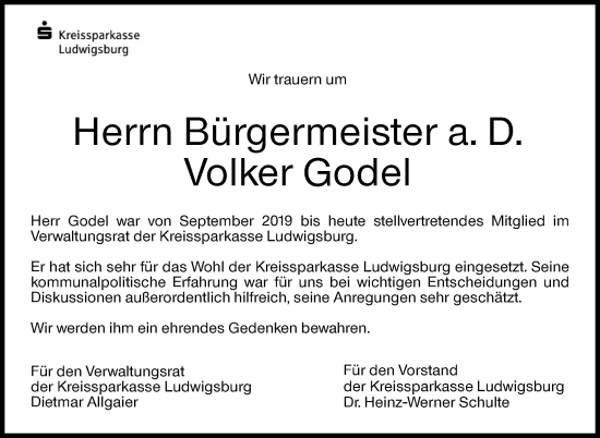 Traueranzeige von Volker Godel von Leonberger Kreiszeitung / Strohgäu Extra