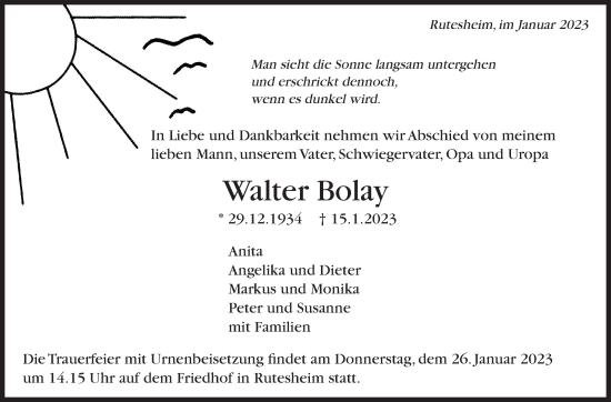 Traueranzeige von Walter Bolay von Leonberger Kreiszeitung / Strohgäu Extra