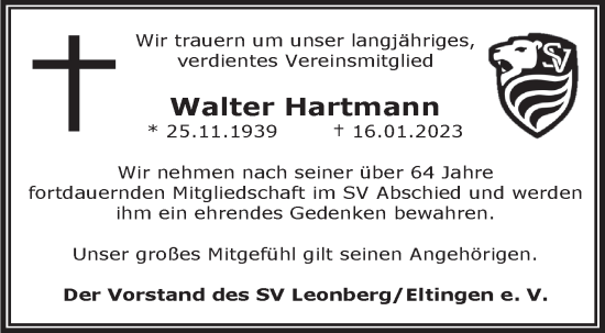 Traueranzeige von Walter Hartmann von Leonberger Kreiszeitung / Strohgäu Extra