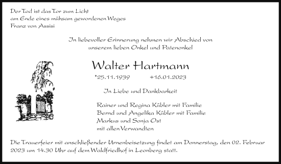 Traueranzeige von Walter Hartmann von Leonberger Kreiszeitung / Strohgäu Extra
