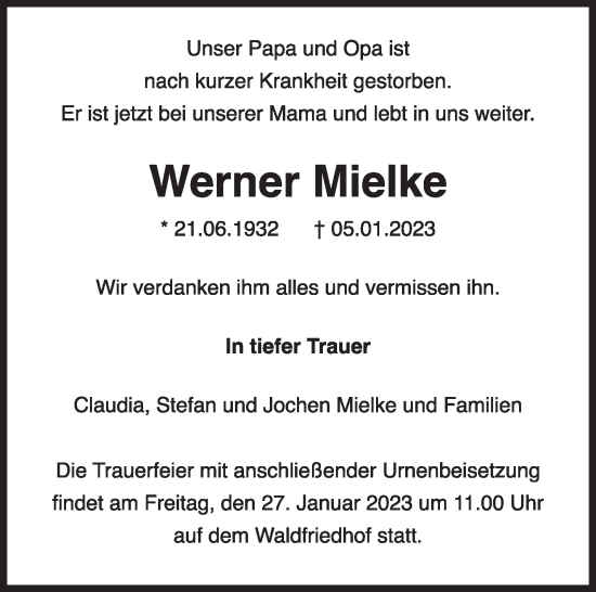 Traueranzeige von Werner Mielke von Leonberger Kreiszeitung / Strohgäu Extra
