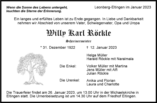 Traueranzeige von Willy Karl Röckle von Leonberger Kreiszeitung / Strohgäu Extra