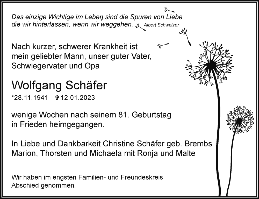  Traueranzeige für Wolfgang Schäfer vom 21.01.2023 aus Leonberger Kreiszeitung / Strohgäu Extra