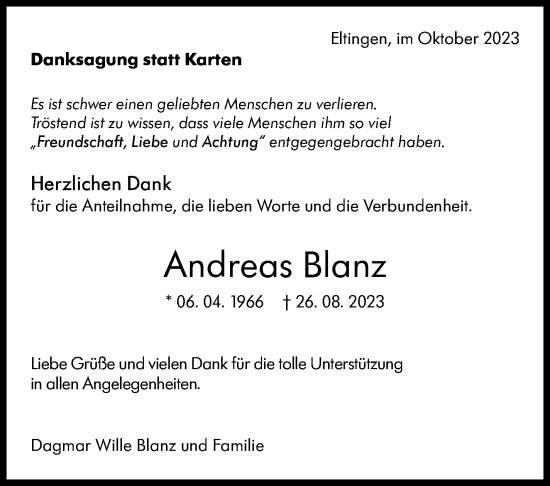 Traueranzeige von Andreas Blanz von Leonberger Kreiszeitung / Strohgäu Extra