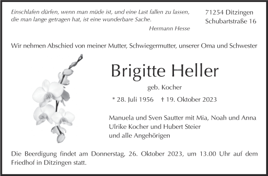 Traueranzeige von Brigitte Heller von Leonberger Kreiszeitung / Strohgäu Extra