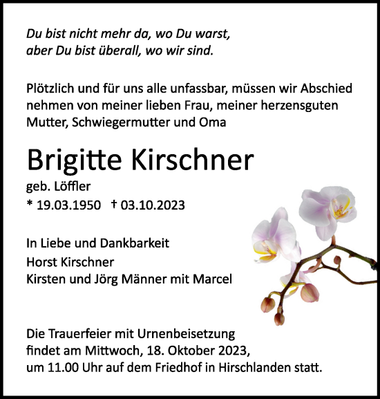 Traueranzeige von Brigitte Kirschner von Leonberger Kreiszeitung / Strohgäu Extra