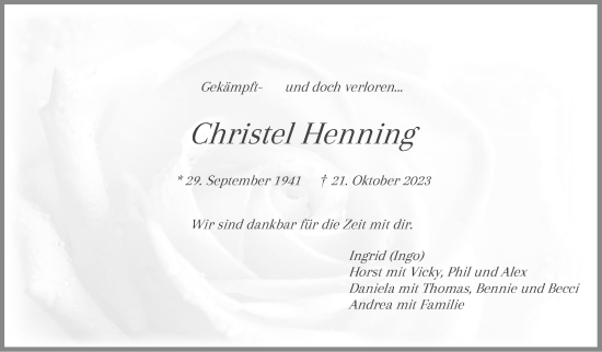 Traueranzeige von Christel Henning von Leonberger Kreiszeitung / Strohgäu Extra
