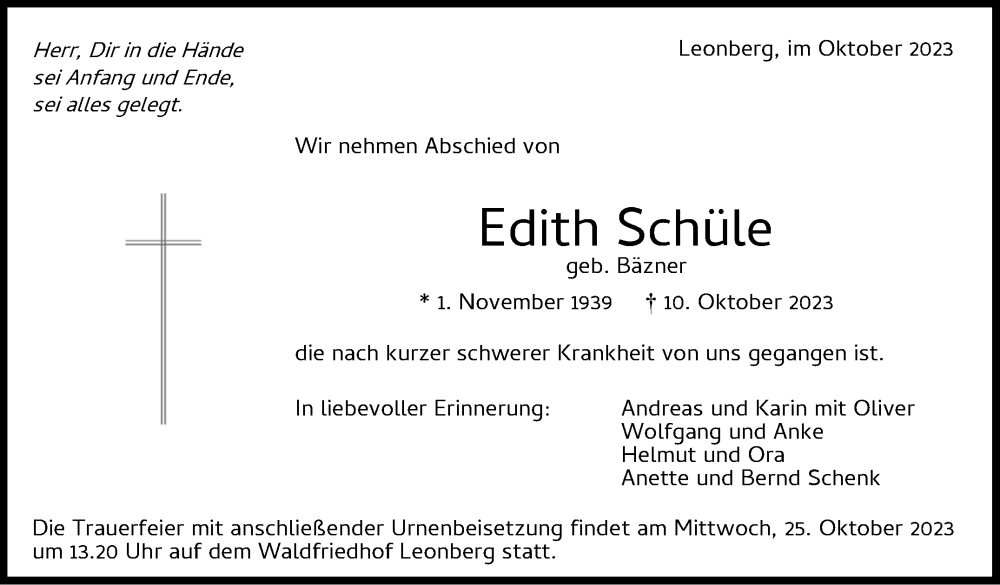  Traueranzeige für Edith Schüle vom 21.10.2023 aus Leonberger Kreiszeitung / Strohgäu Extra