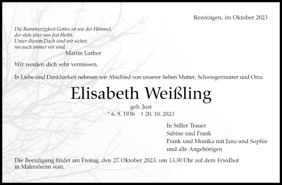 Traueranzeige von Elisabeth Weißling von Leonberger Kreiszeitung / Strohgäu Extra