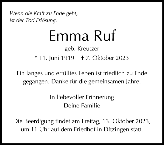 Traueranzeige von Emma Ruf von Leonberger Kreiszeitung / Strohgäu Extra