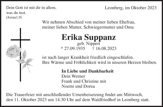 Traueranzeige von Erika Suppanz von Leonberger Kreiszeitung / Strohgäu Extra