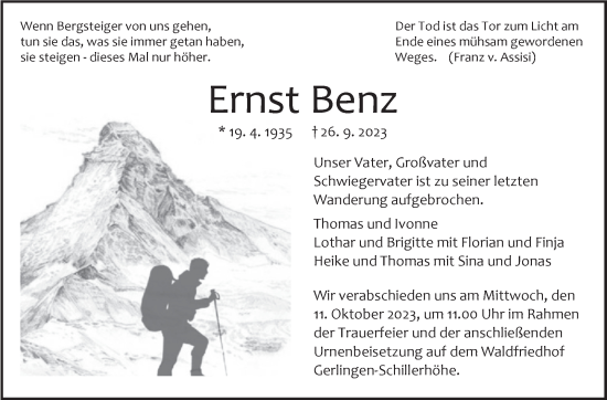 Traueranzeige von Ernst Benz von Leonberger Kreiszeitung / Strohgäu Extra
