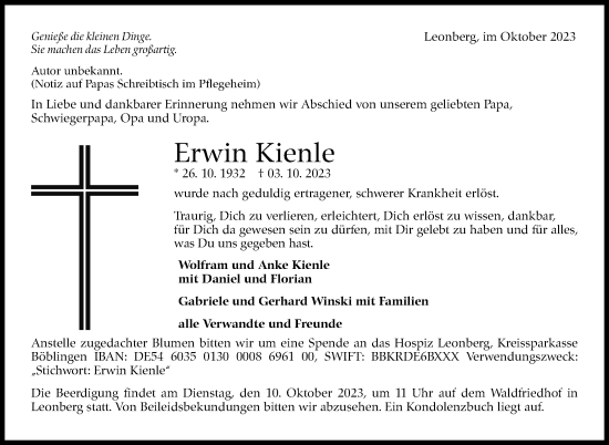 Traueranzeige von Erwin Kienle von Leonberger Kreiszeitung / Strohgäu Extra