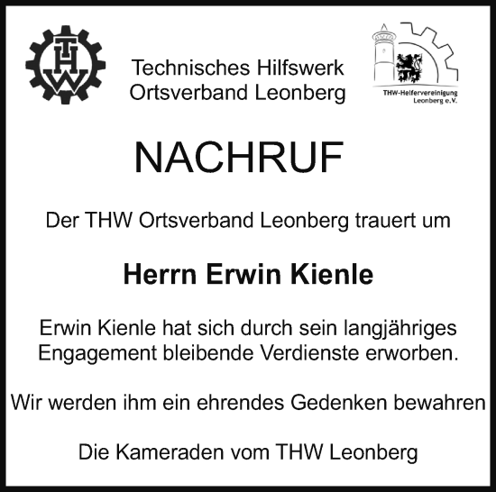 Traueranzeige von Erwin Kienle von Leonberger Kreiszeitung / Strohgäu Extra