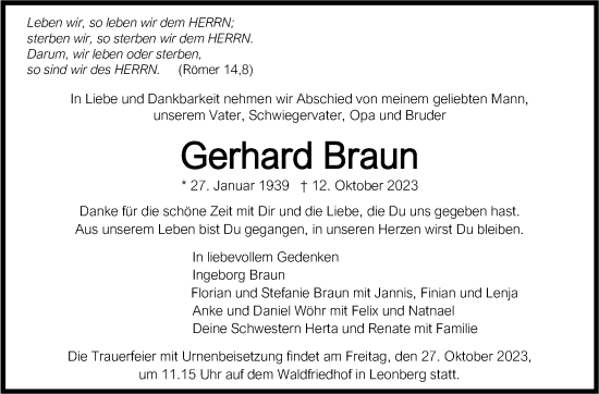 Traueranzeige von Gerhard Braun von Leonberger Kreiszeitung / Strohgäu Extra