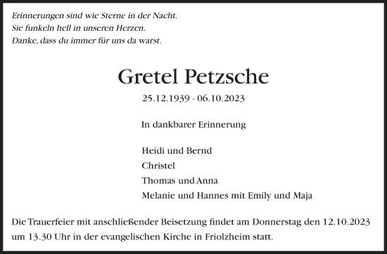 Traueranzeige von Gretel Petzsche von Leonberger Kreiszeitung / Strohgäu Extra