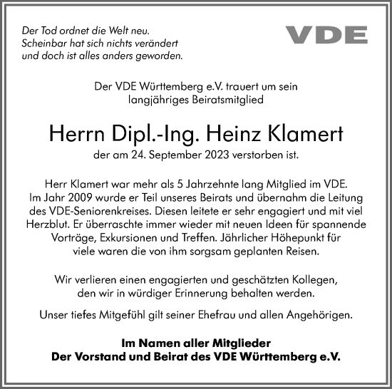 Traueranzeige von Heinz Klamert von Leonberger Kreiszeitung / Strohgäu Extra