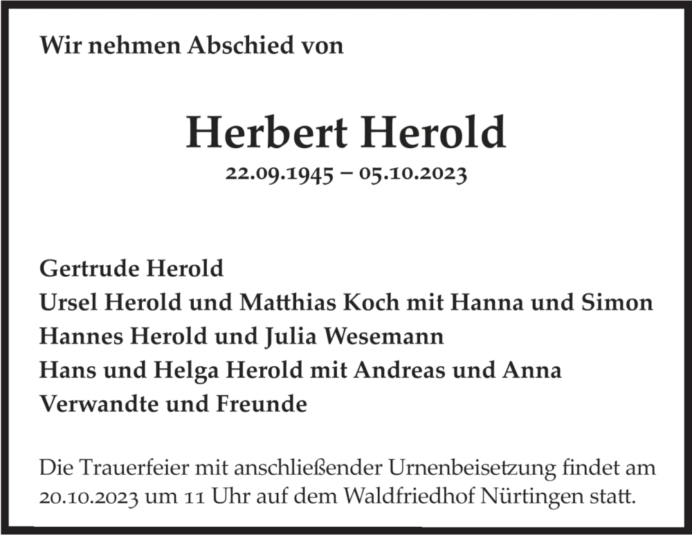  Traueranzeige für Herbert Herold vom 14.10.2023 aus Leonberger Kreiszeitung / Strohgäu Extra