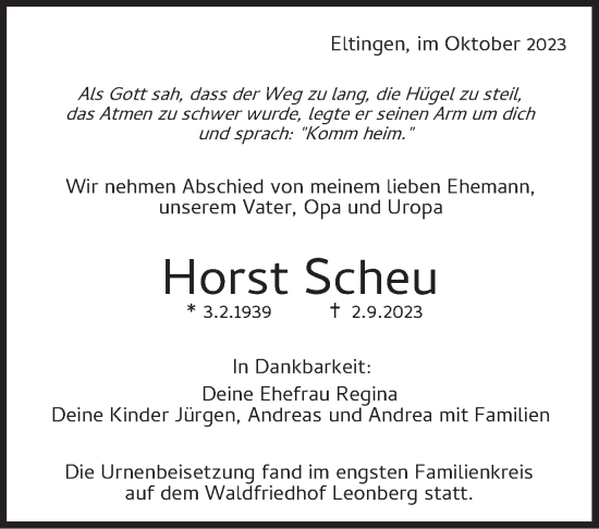 Traueranzeige von Horst Scheu von Leonberger Kreiszeitung / Strohgäu Extra