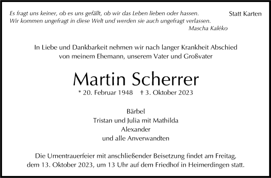 Traueranzeige von Martin Scherrer von Leonberger Kreiszeitung / Strohgäu Extra
