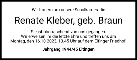 Traueranzeige von Renate Kleber von Leonberger Kreiszeitung / Strohgäu Extra