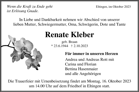 Traueranzeige von Renate Kleber von Leonberger Kreiszeitung / Strohgäu Extra