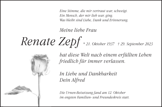 Traueranzeige von Renate Zepf von Leonberger Kreiszeitung / Strohgäu Extra