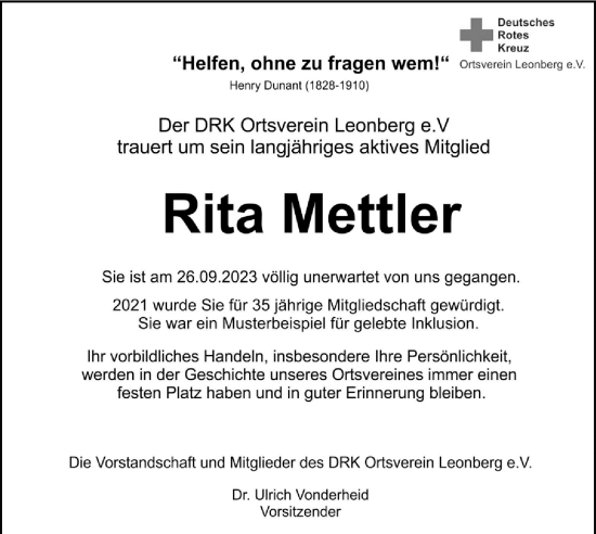 Traueranzeige von Rita Mettler von Leonberger Kreiszeitung / Strohgäu Extra