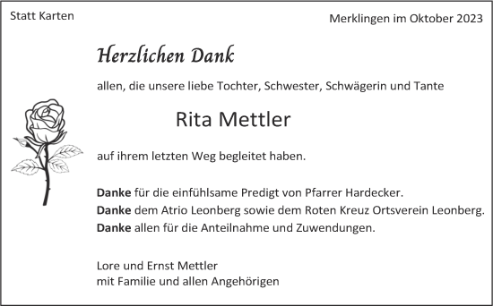 Traueranzeige von Rita Mettler von Leonberger Kreiszeitung / Strohgäu Extra