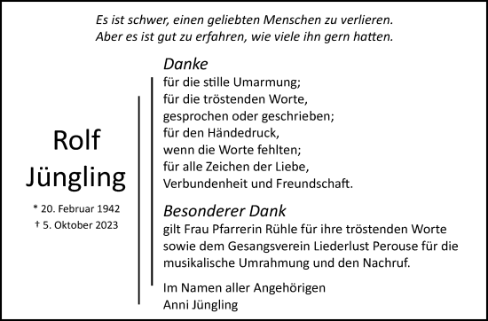 Traueranzeige von Rolf Jüngling von Leonberger Kreiszeitung / Strohgäu Extra