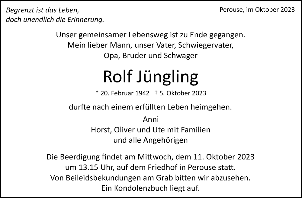  Traueranzeige für Rolf Jüngling vom 11.10.2023 aus Leonberger Kreiszeitung / Strohgäu Extra