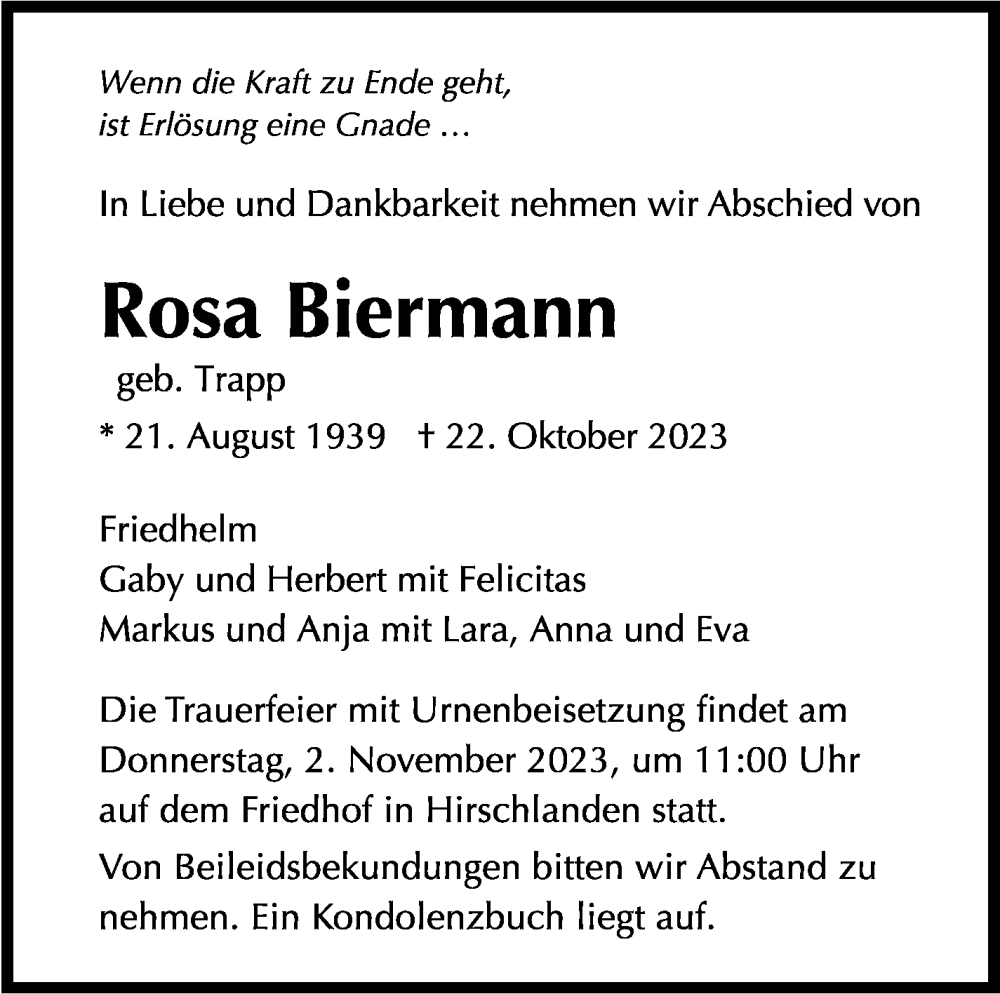  Traueranzeige für Rosa Biermann vom 27.10.2023 aus Leonberger Kreiszeitung / Strohgäu Extra