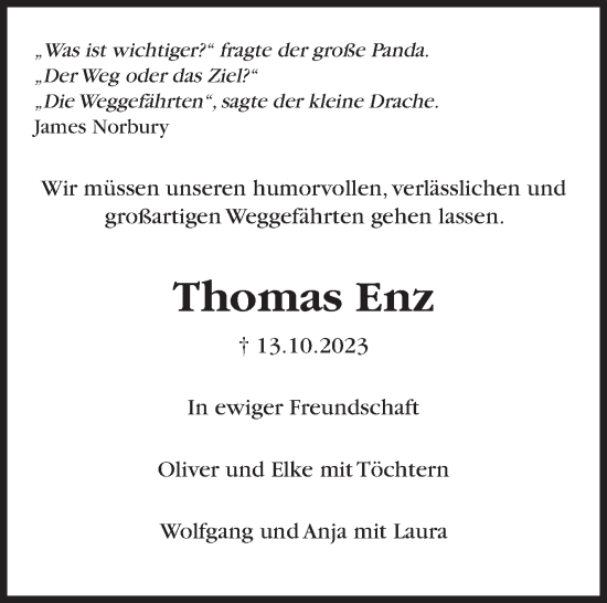 Traueranzeige von Thomas Enz von Leonberger Kreiszeitung / Strohgäu Extra