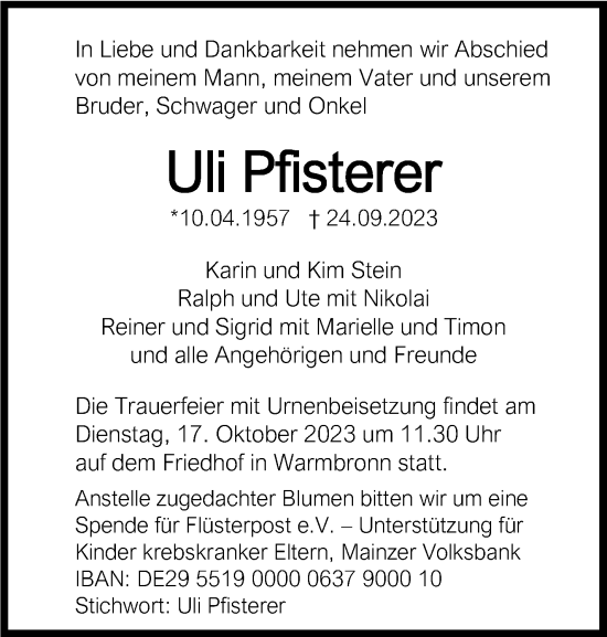 Traueranzeige von Uli Pfisterer von Leonberger Kreiszeitung / Strohgäu Extra