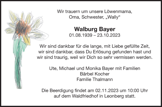 Traueranzeige von Walburg Bayer von Leonberger Kreiszeitung / Strohgäu Extra