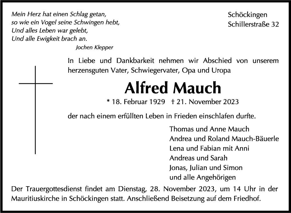  Traueranzeige für Alfred Mauch vom 25.11.2023 aus Leonberger Kreiszeitung / Strohgäu Extra