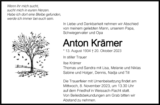 Traueranzeige von Anton Krämer von Leonberger Kreiszeitung / Strohgäu Extra