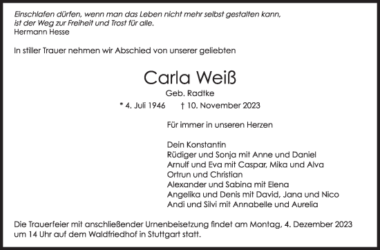 Traueranzeige von Carla Weiß von Leonberger Kreiszeitung / Strohgäu Extra