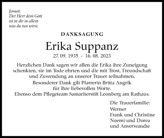 Traueranzeige von Erika Suppanz von Leonberger Kreiszeitung / Strohgäu Extra