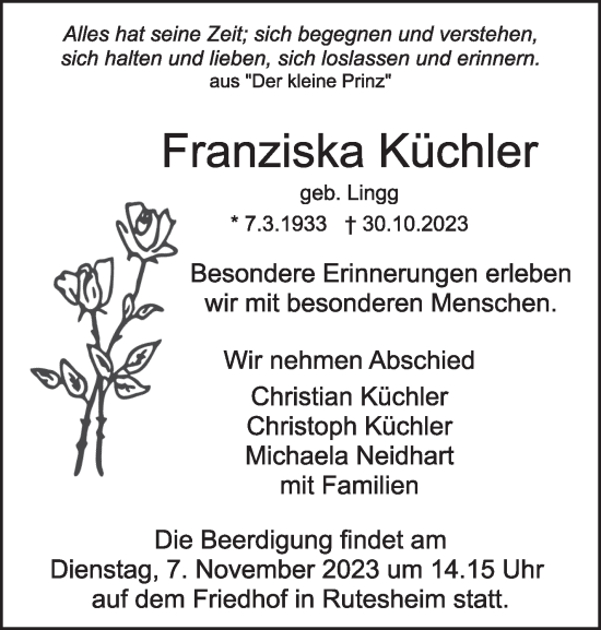 Traueranzeige von Franziska Küchler von Leonberger Kreiszeitung / Strohgäu Extra