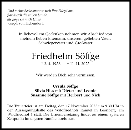 Traueranzeige von Friedhelm Söffge von Leonberger Kreiszeitung / Strohgäu Extra