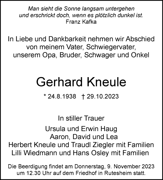 Traueranzeige von Gerhard Kneule von Leonberger Kreiszeitung / Strohgäu Extra