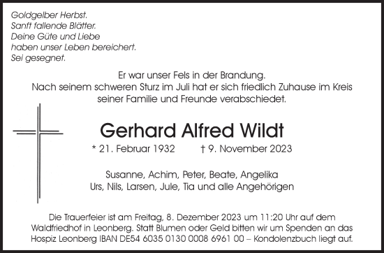 Traueranzeige von Gerhard Alfred Wildt von Leonberger Kreiszeitung / Strohgäu Extra
