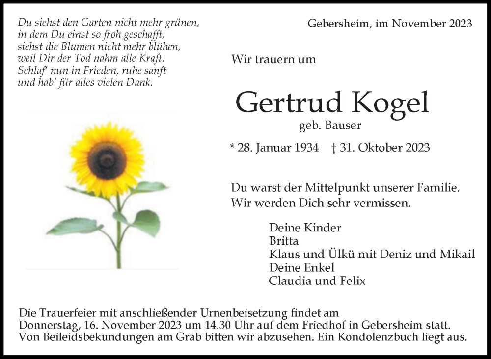  Traueranzeige für Gertrud Kogel vom 10.11.2023 aus Leonberger Kreiszeitung / Strohgäu Extra
