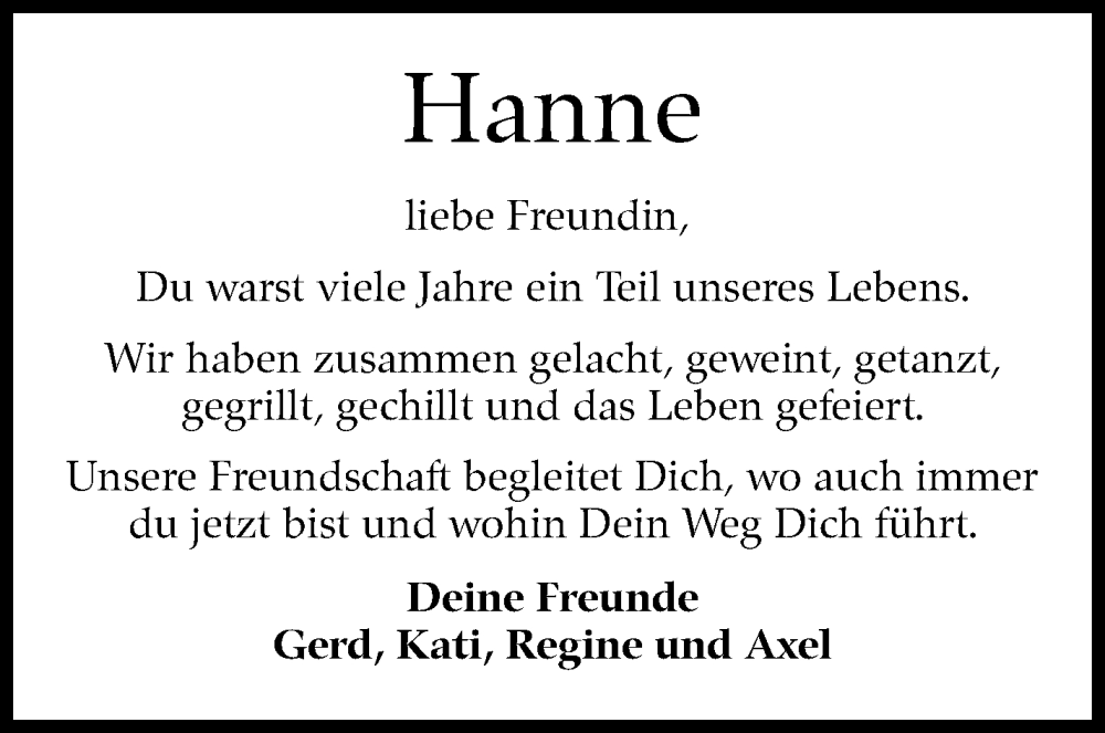  Traueranzeige für Hanne  vom 28.11.2023 aus Leonberger Kreiszeitung / Strohgäu Extra