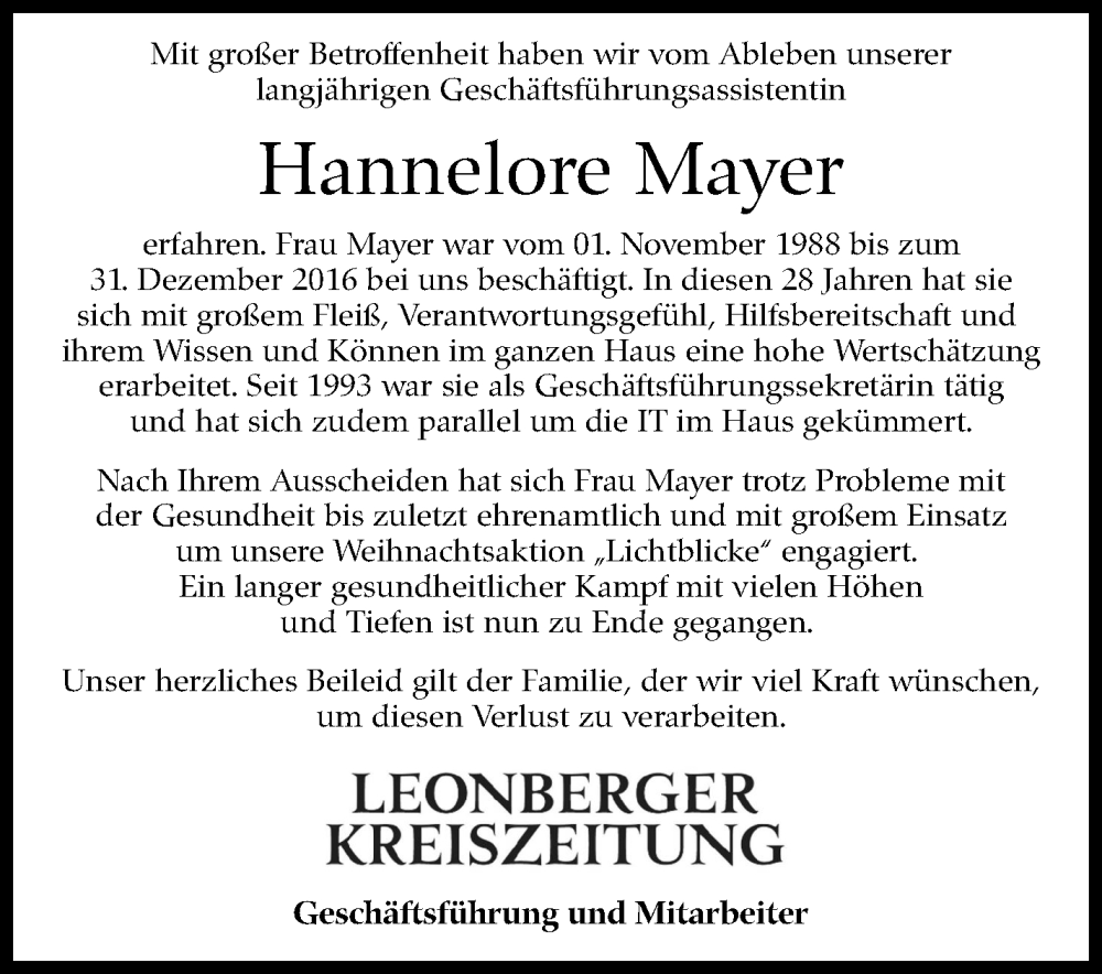  Traueranzeige für Hannelore Mayer vom 28.11.2023 aus Leonberger Kreiszeitung / Strohgäu Extra